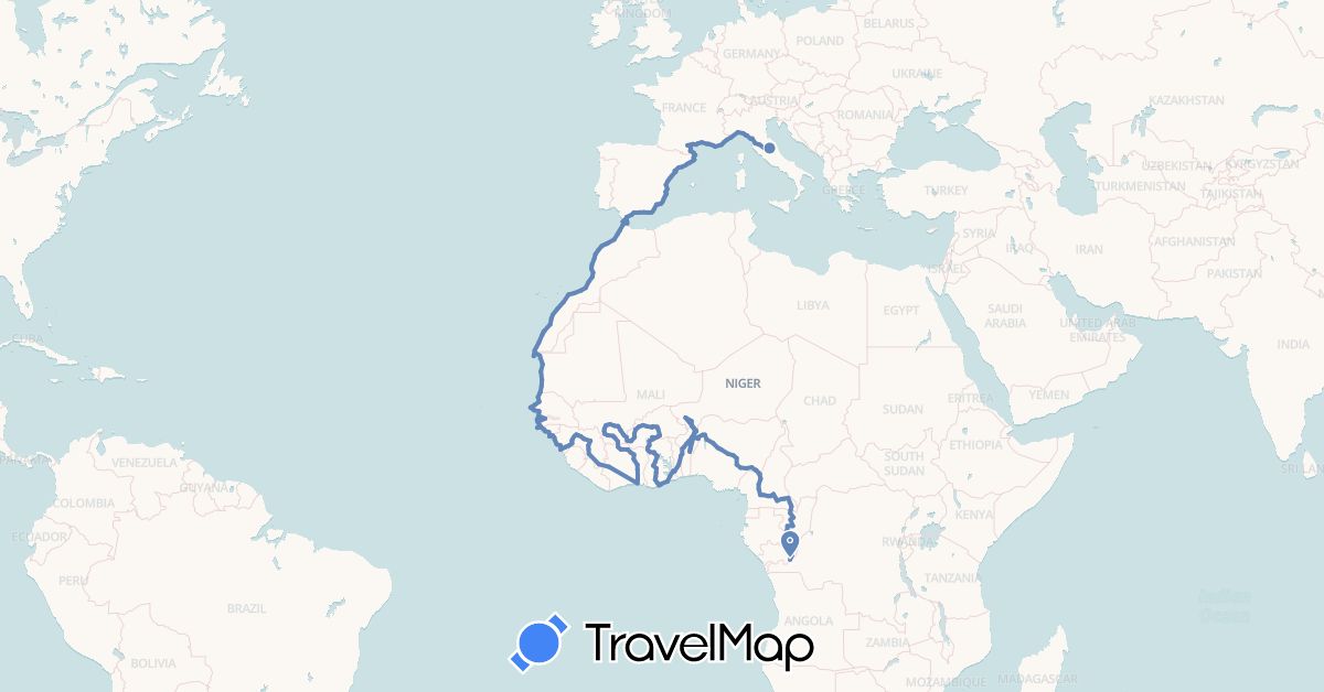 TravelMap itinerary: cycling in Burkina Faso, Benin, Republic of the Congo, Côte d'Ivoire, Cameroon, Western Sahara, Spain, France, Ghana, Gambia, Guinea, Guinea-Bissau, Italy, Morocco, Mali, Mauritania, Niger, Nigeria, Senegal, Togo (Africa, Europe)